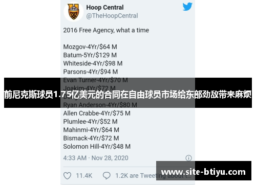 前尼克斯球员1.75亿美元的合同在自由球员市场给东部劲敌带来麻烦